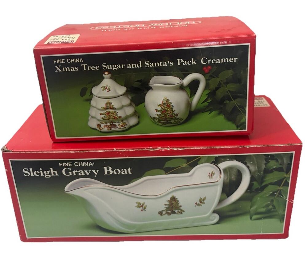 Vintage Holiday Hostess Christmas Creamer Sugar Bowl 22K Trim Japan & Gravy Bowl